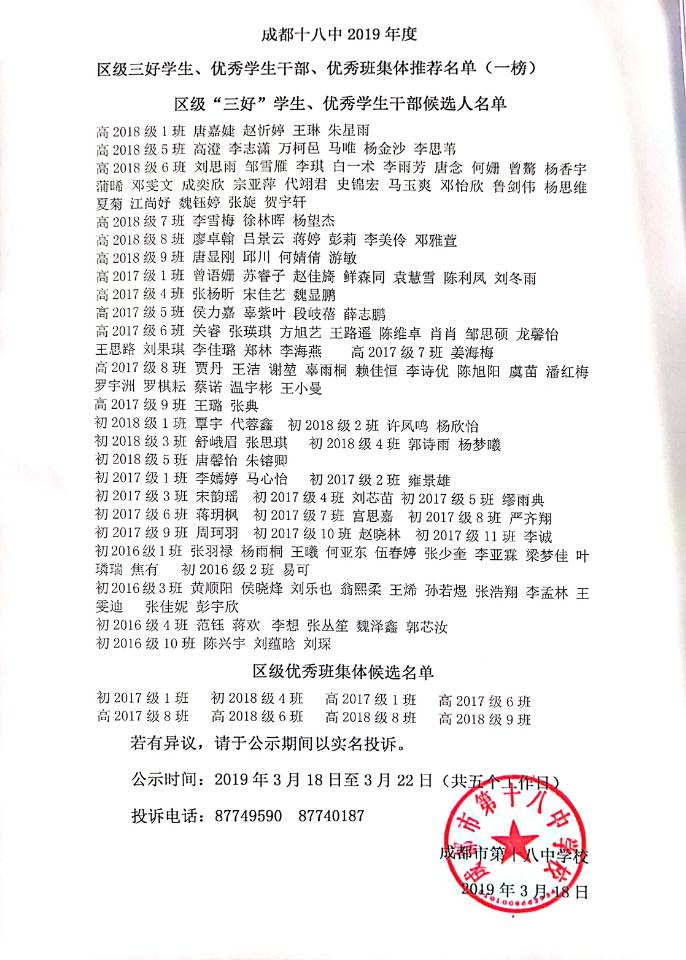 2019年度區(qū)級三好學(xué)生、優(yōu)秀學(xué)生干部、優(yōu)秀班集體推薦名單